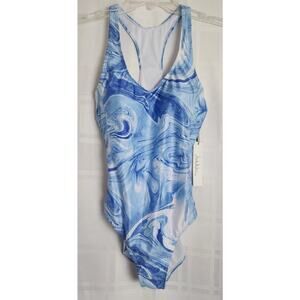 Nicole Miller Studio 1-Pc Swimsuit SZ L Racerback High‎ Cut Blue Swirl Print NEW